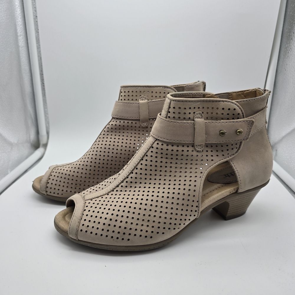Earth Beige Perforated Peep-Toe Heeled Boots